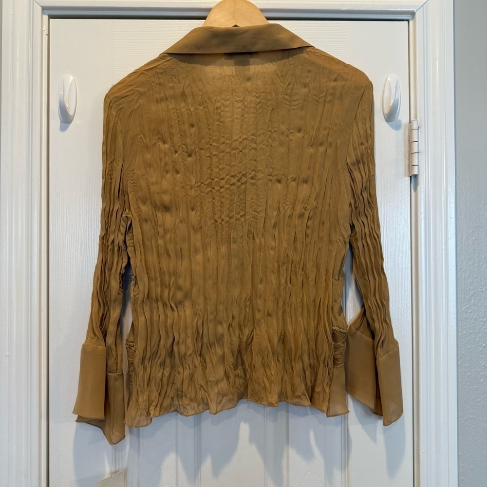 Vintage Y2K Sheer Ruffle Lace Blouse Women’s L Bronze Tan Boho Western Romantic - Picture 2 of 9